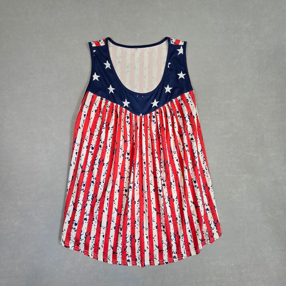 Patriotic Sleeveless round Collar Stripes & Stars Women's Flowy Tank Top NWOT